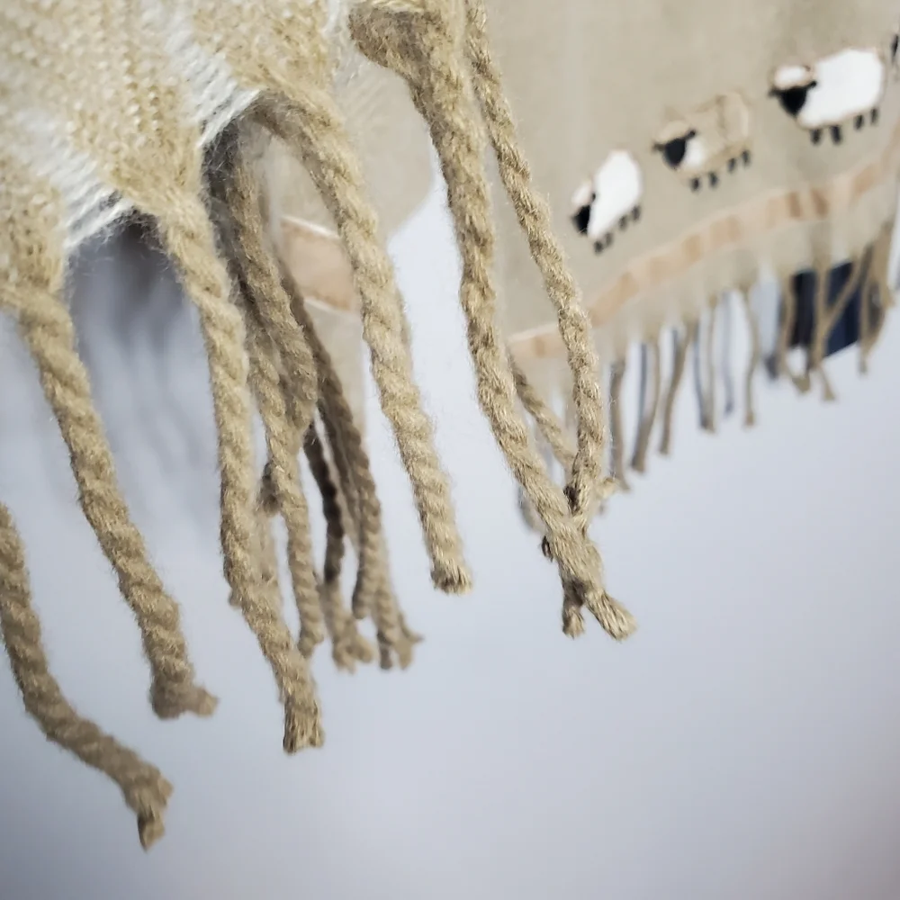 NWT James Pringle Weavers fringe scarf embroidered sheep‎ tan